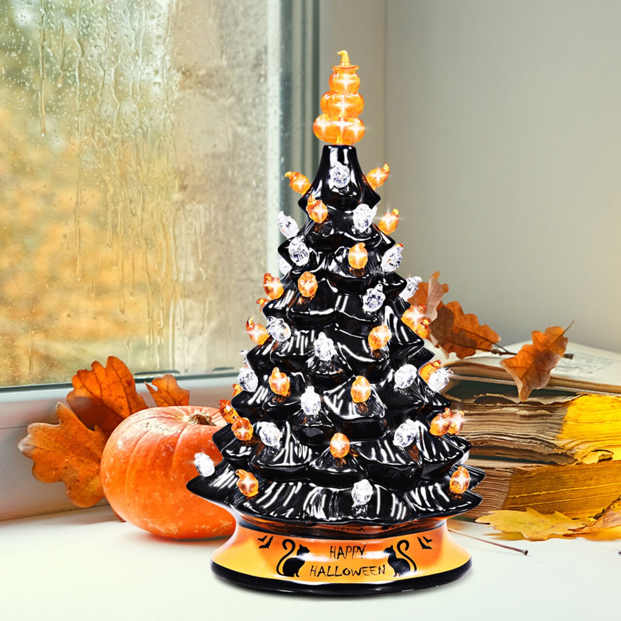 Gymax 15 Inches Pre-Lit Hand-Painted Ceramic Halloween Tree Tabletop Xmas Decor